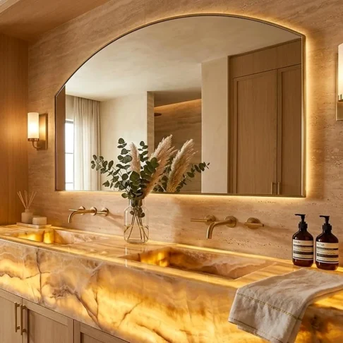 Раковины и мебель из оникса Honey Onyx — раковина и столешница в ванной комнате Фото 5