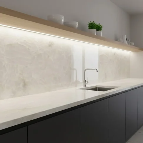 Столешница и остров из оникса White Onyx — светлая столешница и кухонный фартук Фото 5
