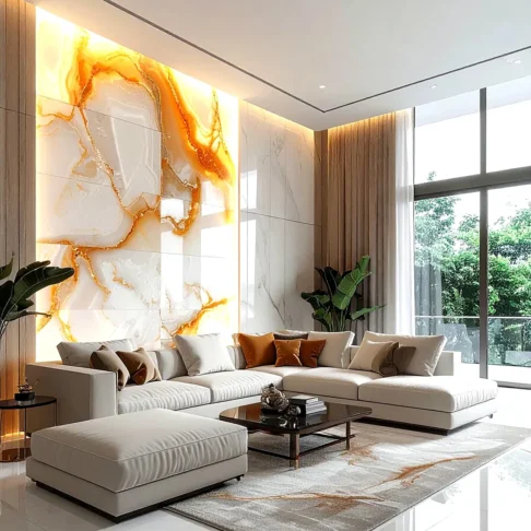 Стеновые панели из оникса White Onyx — декоративная стена в гостиной Фото 9
